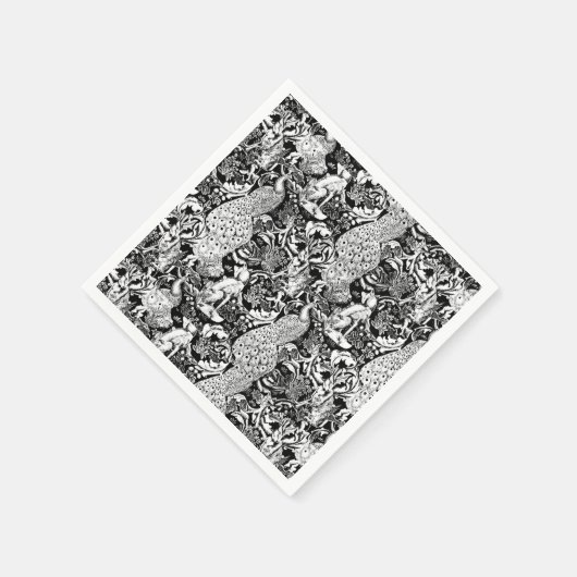 Art Nouveau Peacock Print, Schwarz/Weiß Serviette (Ecke)