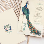 Art Nouveau Peacock Wedding Menu Card Einladung<br><div class="desc">Mit dieser im Jugendstil inspirierten Menükarte mit einer majestätischen Pfauenillustrierung bringen Sie Ihre Hochzeit stilvoll. Die lebendige Blues, die Grüntöne und die erdigen Orangen in den Pfauenfedern verleihen dem Pfau einen farbenfrohen Pop, der Vintage Eleganz verkörpert. Die Vorderseite präsentiert eine wunderschön gestaltete Gestaltung für Vorspeise, Hauptgericht und Dessert mit anmutigen...</div>