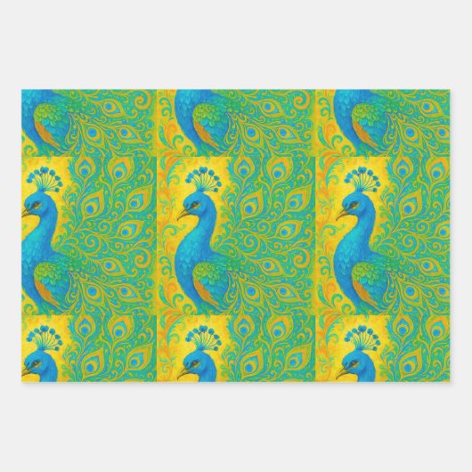Art Nouveau Peacock Yellow Damask Muster Geschenkpapier Set (Vorderseite 3)