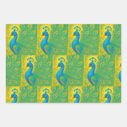 Art Nouveau Peacock Yellow Damask Muster Geschenkpapier Set (Vorderseite 2)