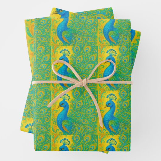 Art Nouveau Peacock Yellow Damask Muster Geschenkpapier Set (Beispiel)