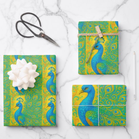 Art Nouveau Peacock Yellow Damask Muster Geschenkpapier Set (Vorderseite)