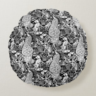 Art Nouveau Pfauen Druck, Schwarz und Weiß Rundes Kissen