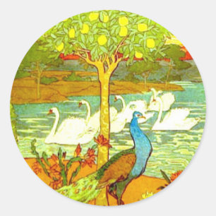 Art Nouveau Pfauen und Schwäne Runder Aufkleber