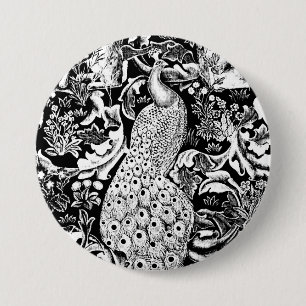 Art Nouveau Pfauenmuster, Schwarz und Weiß Button