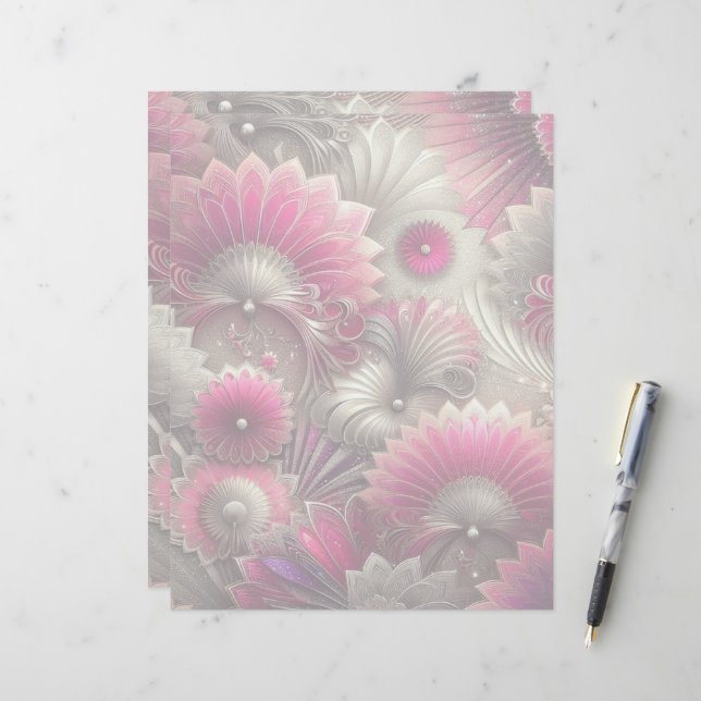 Art Nouveau Pink und Silver Fans Briefbogen (Vorderseite/Rückseite Beispiel)