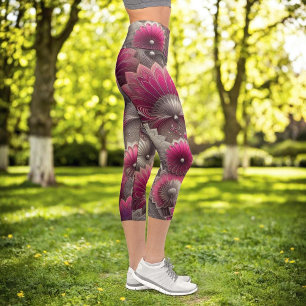 Art Nouveau Pink und Silver Fans Capri Leggings