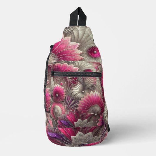 Art Nouveau Pink und Silver Fans Crossbody Bag (Vorderseite)