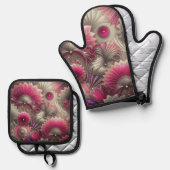 Art Nouveau Pink und Silver Fans Ofenhandschuh & Topflappen-Set (Vorderseite/Rückseite)