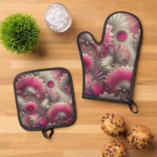 Art Nouveau Pink und Silver Fans Ofenhandschuh & Topflappen-Set (Oben Unten)