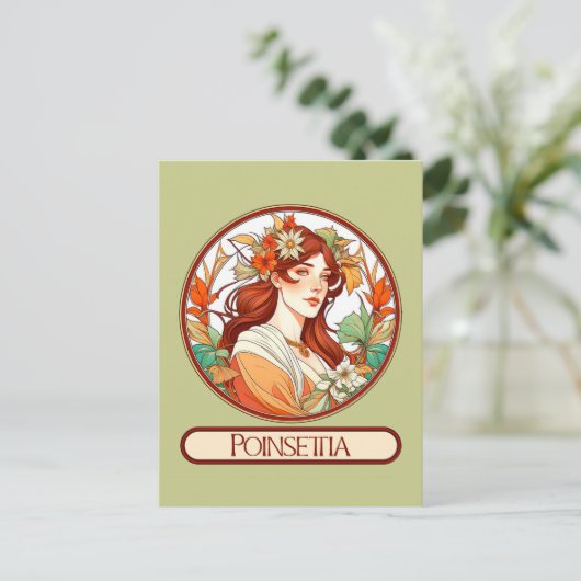 Art Nouveau Poinsettia Frau Postkarte (Stehend Vorderseite)