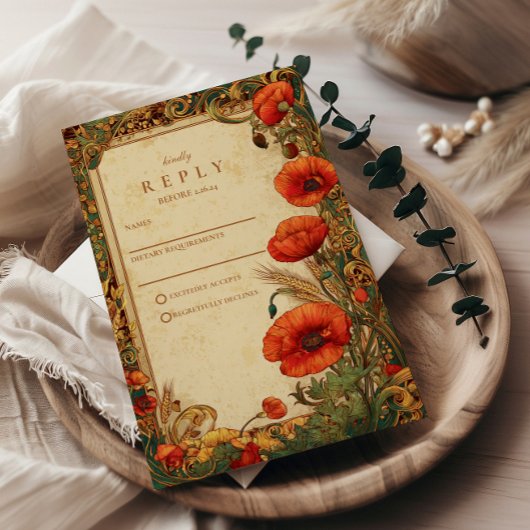 Art Nouveau Poppy Wedding RSVP Karte