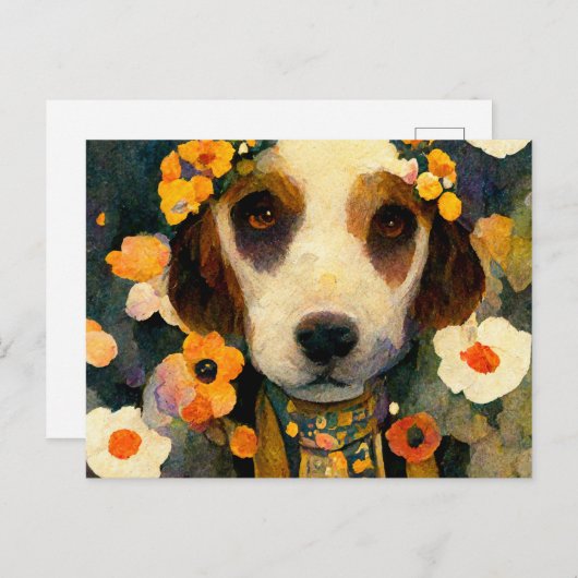 Art Nouveau portrait of Beagle dog with flowers Postkarte (Vorne/Hinten)