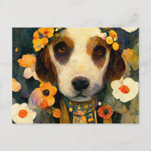 Art Nouveau portrait of Beagle dog with flowers Postkarte