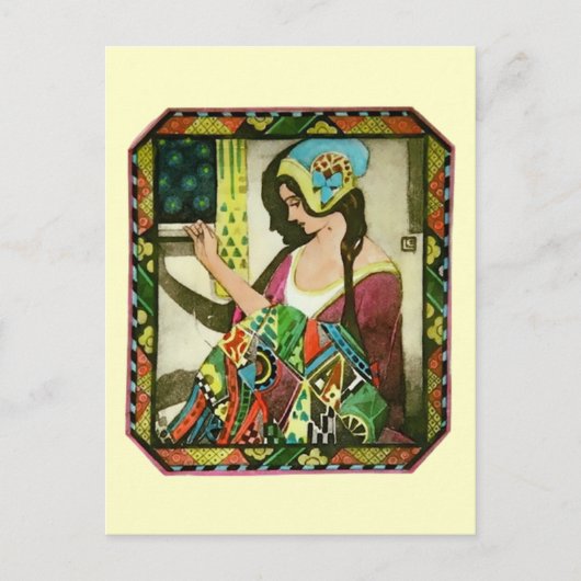 Art Nouveau Quilter Poster – Vintage Nähende Frau Postkarte (Vorderseite)