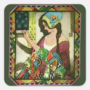 Art Nouveau Quilter Poster – Vintage Nähende Frau Quadratischer Aufkleber