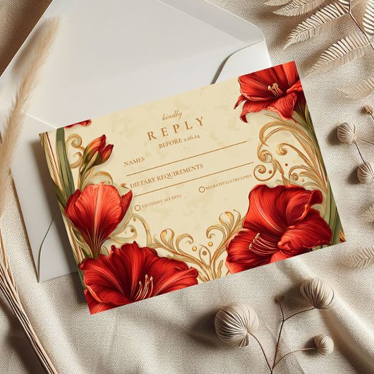 Art Nouveau Red Amaryllis Wedding RSVP Karte