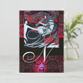 ART NOUVEAU RED BLACK GOLD DAMASK MONOGRAMM , ruby Einladung (Stehend Vorderseite)