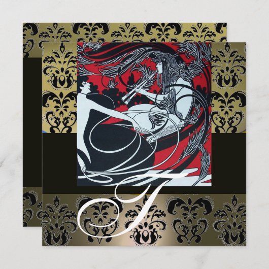 ART NOUVEAU RED BLACK GRAU WHITE DAMASK MONOGRAM EINLADUNG (Vorne/Hinten)