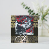 ART NOUVEAU RED BLACK GRAU WHITE DAMASK MONOGRAM EINLADUNG (Stehend Vorderseite)