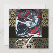 ART NOUVEAU RED BLACK GRAU WHITE DAMASK MONOGRAM EINLADUNG (Vorderseite)