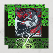 ART NOUVEAU RED BLACK GREEN WHITE DAMASK MONOGRAMM EINLADUNG (Vorne/Hinten)