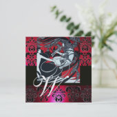 ART NOUVEAU RED BLACK ICE DAMASK MONOGRAMM , Ruby Einladung (Stehend Vorderseite)