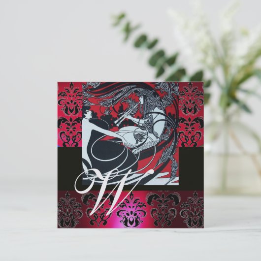 ART NOUVEAU RED BLACK ICE DAMASK MONOGRAMM , Ruby Einladung (Stehend Vorderseite)