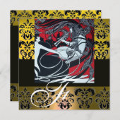 ART NOUVEAU RED BLACK YELLOW WHITE DAMASK MONOGRAM EINLADUNG (Vorne/Hinten)