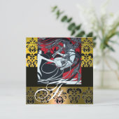 ART NOUVEAU RED BLACK YELLOW WHITE DAMASK MONOGRAM EINLADUNG (Stehend Vorderseite)