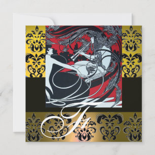 ART NOUVEAU RED BLACK YELLOW WHITE DAMASK MONOGRAM EINLADUNG