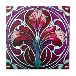 Art Nouveau Red Lila Stylish Lily 2 Fliese