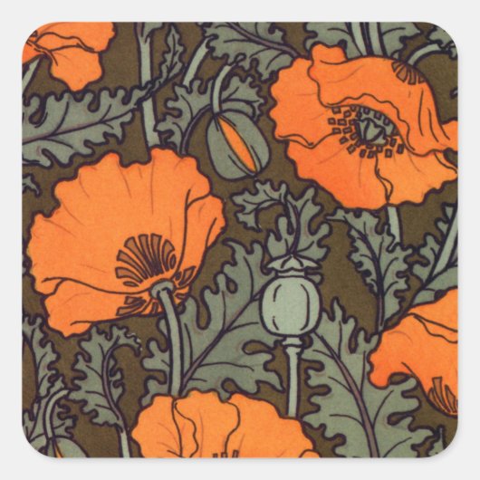 Art Nouveau Red Poppies Quadratischer Aufkleber (Vorderseite)