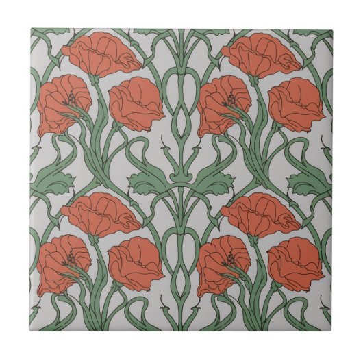 Art Nouveau Red Poppy Floral Print Fliese (Vorderseite)