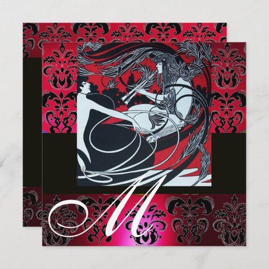 ART NOUVEAU RED SCHWARZ-WEISS DAMASK MONOGRAMM, ru Einladung (Vorne/Hinten)