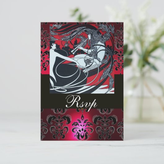 ART NOUVEAU RED SCHWARZ-WEISS DAMASK UAWG ,ruby RSVP Karte (Stehend Vorderseite)