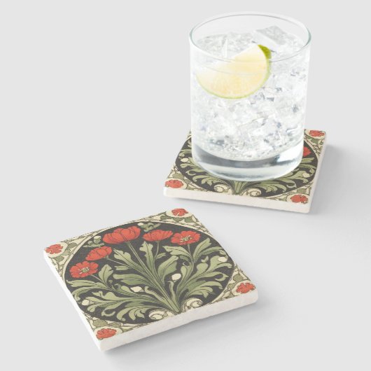 Art Nouveau Red Tulip Steinuntersetzer (Seitenansicht)