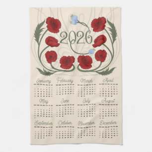 Art Nouveau Retro Floral Red Poppy 2026 Kalender Geschirrtuch