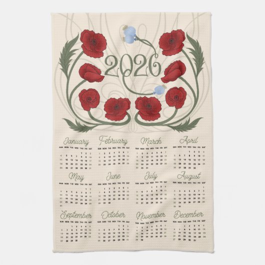 Art Nouveau Retro Floral Red Poppy 2026 Kalender Geschirrtuch (Vertikal)