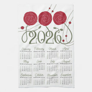 Art Nouveau Retro Floral Rote Rose 2026 Kalender Geschirrtuch