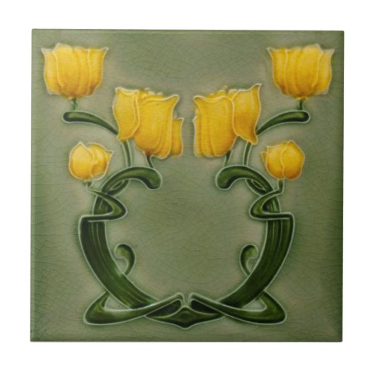 Art Nouveau Richards Yellow Tulip on Green Repro Fliese (Vorderseite)