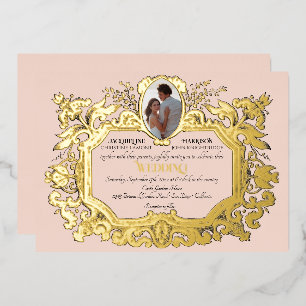 Art Nouveau Rokoko Elegante Foto Rosa Hochzeit Folieneinladung