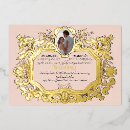 Art Nouveau Rokoko Elegantes Foto Rosa Hochzeit Folieneinladung