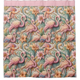 Art Nouveau rosa Flamingos gegen floralem Muster Duschvorhang