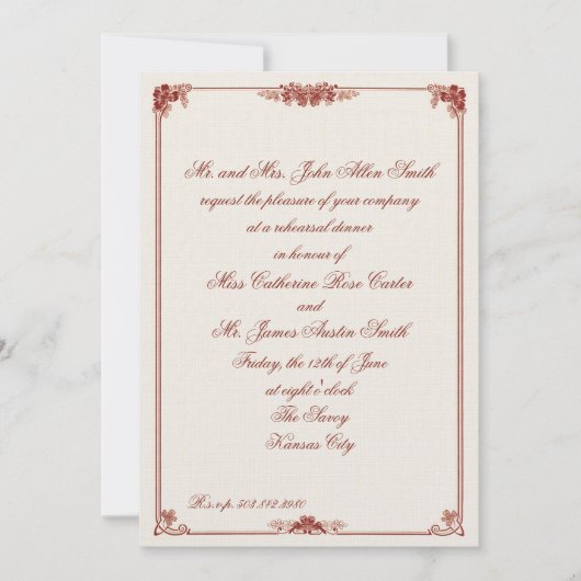 Art Nouveau Rot Borough Probe Dinner Einladung (Vorderseite)