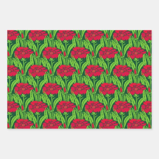 Art Nouveau Rote Nelken Blumendach Geschenkpapier Set (Vorderseite)
