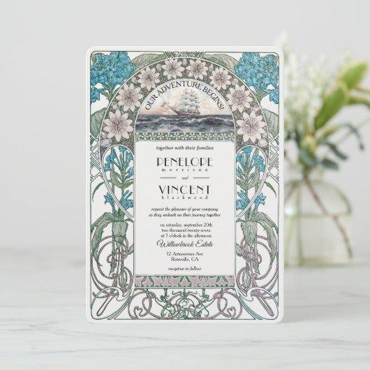 Art Nouveau Sail Away Hochzeit Einladung (Stehend Vorderseite)