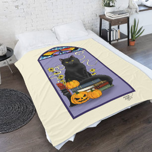 Art Nouveau Schwarze Katze Kürbis Lila Herbst Gelb Fleecedecke