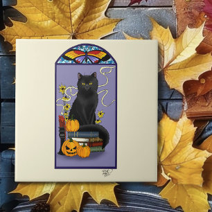 Art Nouveau Schwarze Katze Kürbis Lila Herbst Gelb Fliese