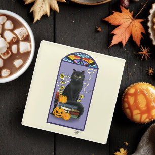 Art Nouveau Schwarze Katze Kürbis Lila Herbst Gelb Glasuntersetzer